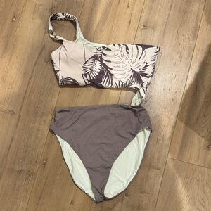 One-Shoulder Floral & Stripe Two-Piece Bikini in Mauve
